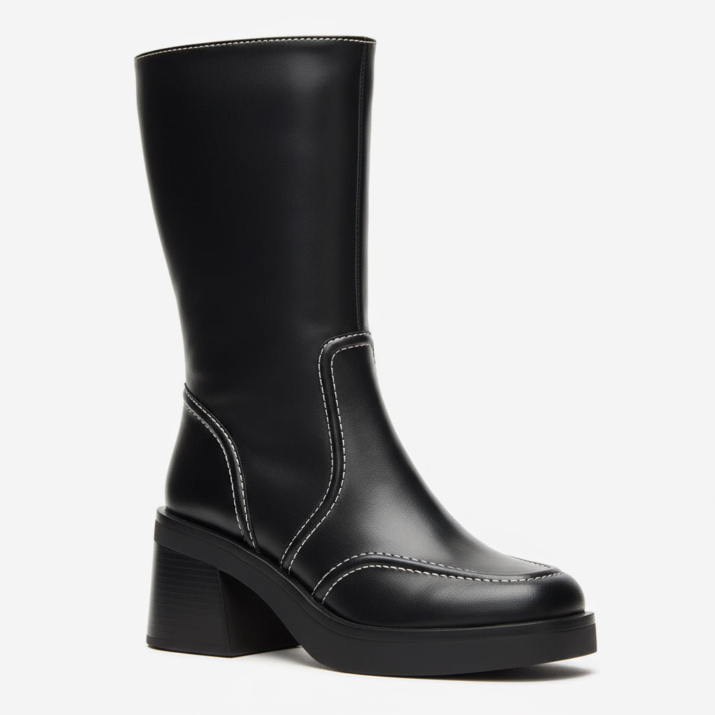 Tuhoomall Fashionable Casual Mid-Calf Boots for Travel and Outdoor, Comfortable Chunky Heels with Metal Zipper and Color Block Design