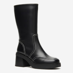 Tuhoomall Fashionable Casual Mid-Calf Boots for Travel and Outdoor, Comfortable Chunky Heels with Metal Zipper and Color Block Design