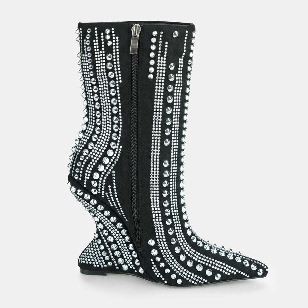 Tuhoomall High Heel Ankle Boots for Women - Striped Rhinestone Faux Suede Party Footwear with Zipper Closure and Unique Irregular Heels