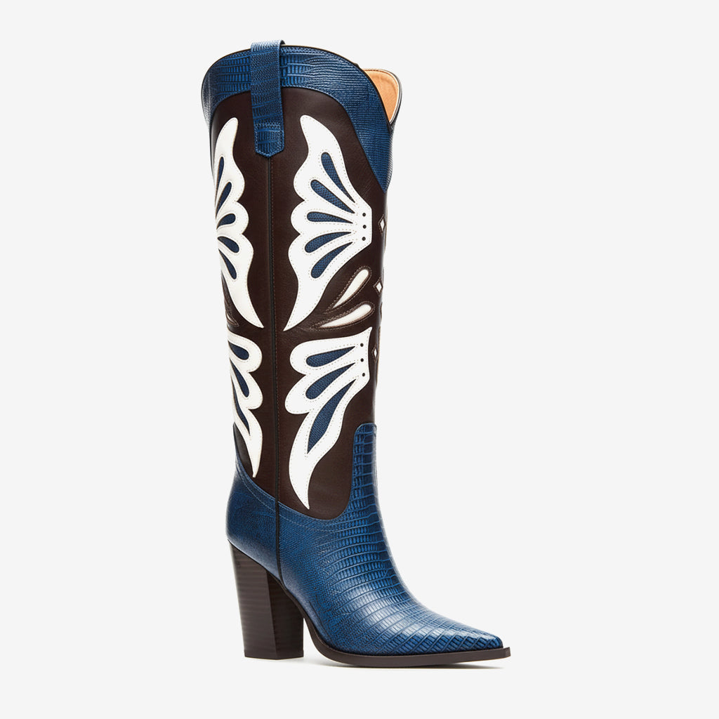 Tuhoomall Fashion Casual Knee-High Boots with Embroidery, Lizard Pattern Chunky Heel for Travel, Work, Party and Evening Wear