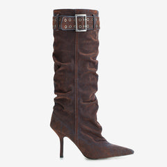 Tuhoomall Style Knee High Boots with Pointed Toe, 9cm Stiletto Heel, Perfect for Parties and Performances, Vintage and Stylish Design