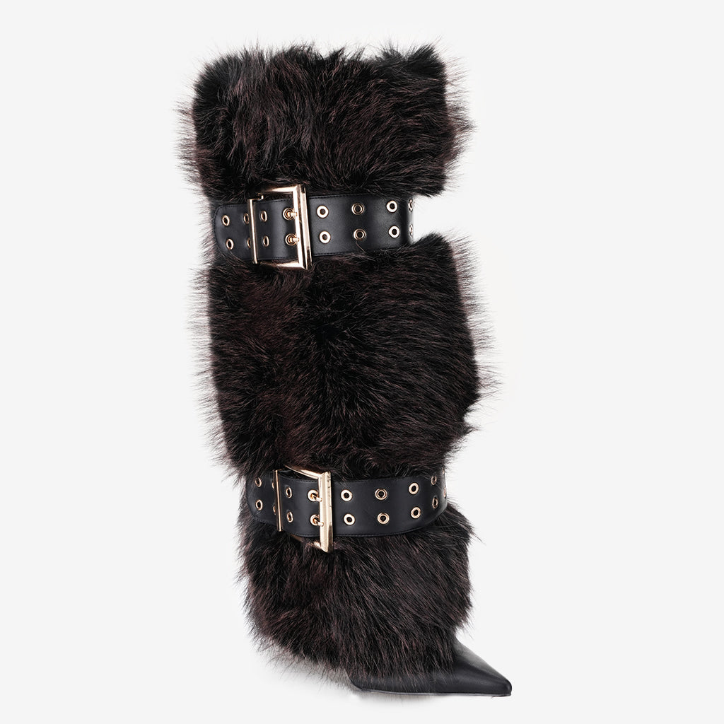 Tuhoomall Knee-High Folded Fashion Boots with Pointed Toe, Faux Fur Design, Adjustable Buckle, Stylish Rubber Sole for Parties and Performances