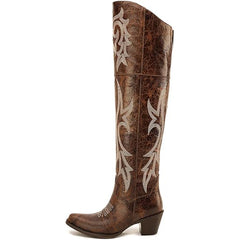 Tuhoomall Western Over-the-Knee Boots for Women, Chunky Heel, Snip-Toe, Embroidered, Slip-On, Distressed Style for Parties and Casual Outings