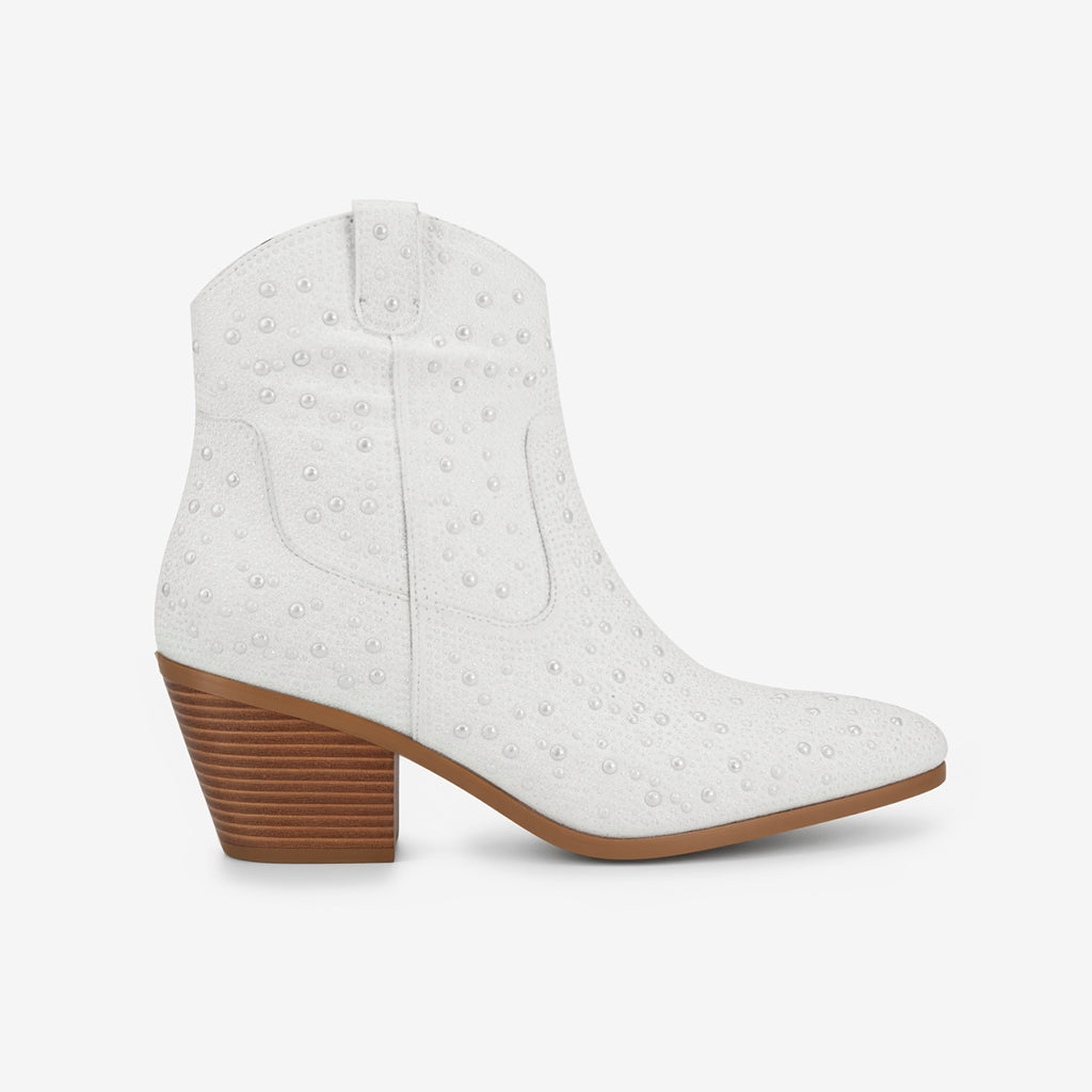 Tuhoomall Western LOW Heel Ankle Boots, Zipper Closure, Chic Rhinestone Detail, Solid Color, Perfect for Parties and All-Season Fashion