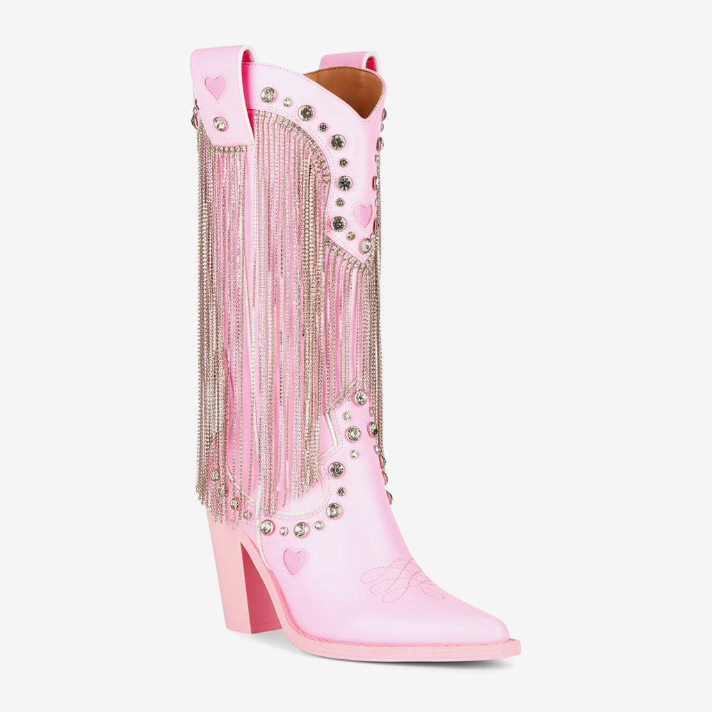 Tuhoomall Chunky Heel Western Rhinestone Booties with Fringes for Fashion Events, Pointed Toe, Slip-On Style, All-Day Comfort, Eye-Catching Design