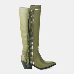 Tuhoomall Western Cowboy Knee-High Boots for Women, Comfortable Suede with Fringe & Metallic Accents, Stylish Block Heel for Outdoor Fashion