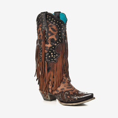 Tuhoomall Western Style Women's Cowboy Boots, Casual Mid-Calf Shoes with Animal Print, Fringe, and Studs, Chunky Heel, All-Season Wear