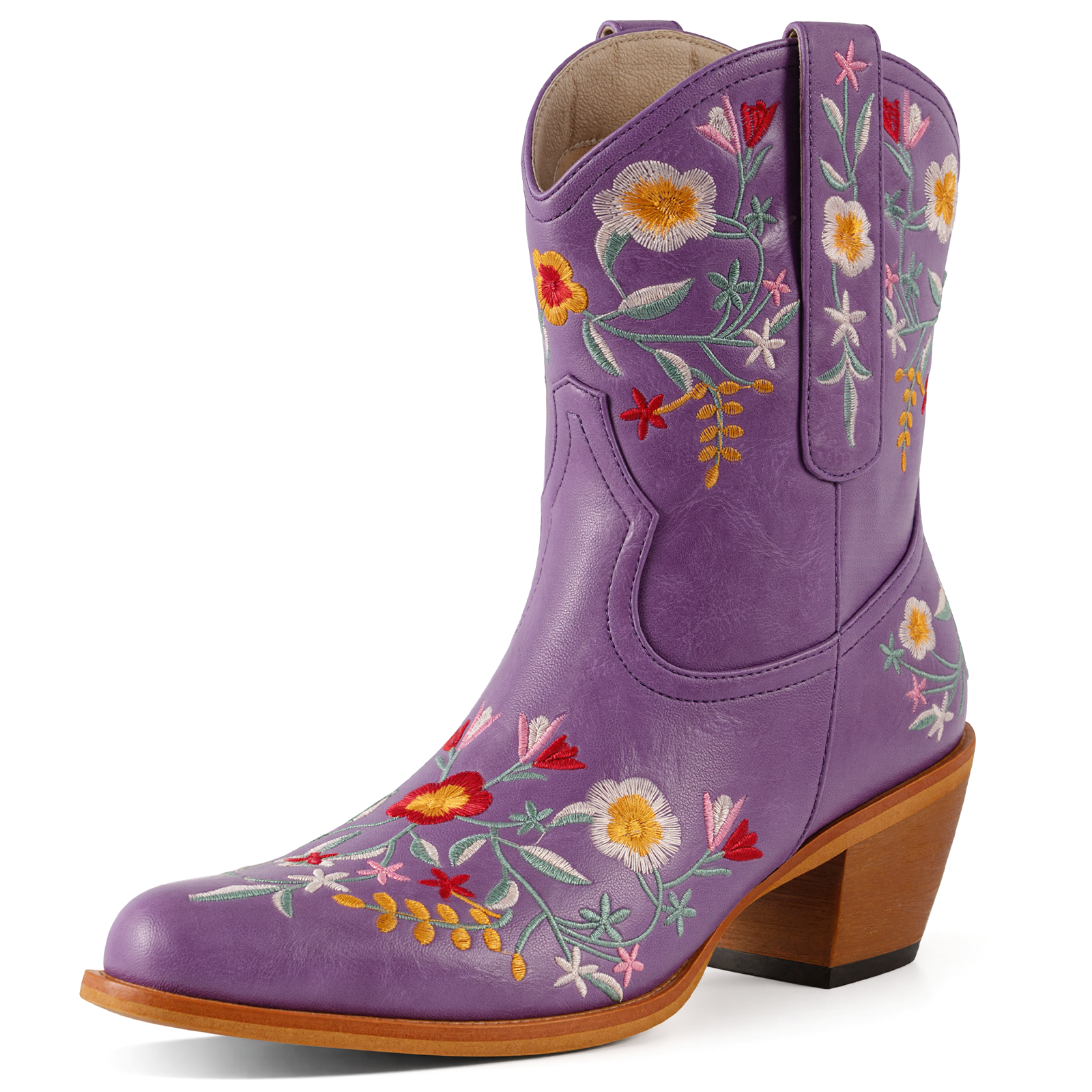 Tuhoomall Stylish Western Ankle Boots with Floral Embroidery, Rubber Sole, Chunky 5cm Heel for Classic and Casual Looks