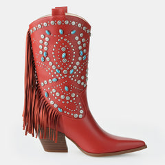 Tuhoomall Western Style Floral Embellished Mid-Calf Cowboy Boots with Chunky Heel for Fashion, Outdoor, Party and Casual Western Boots