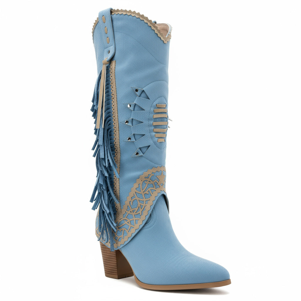 Tuhoomall Faux Suede Pointed Toe Fringe Western Mid Calf Boots for Casual Spring Autumn Winter Wear