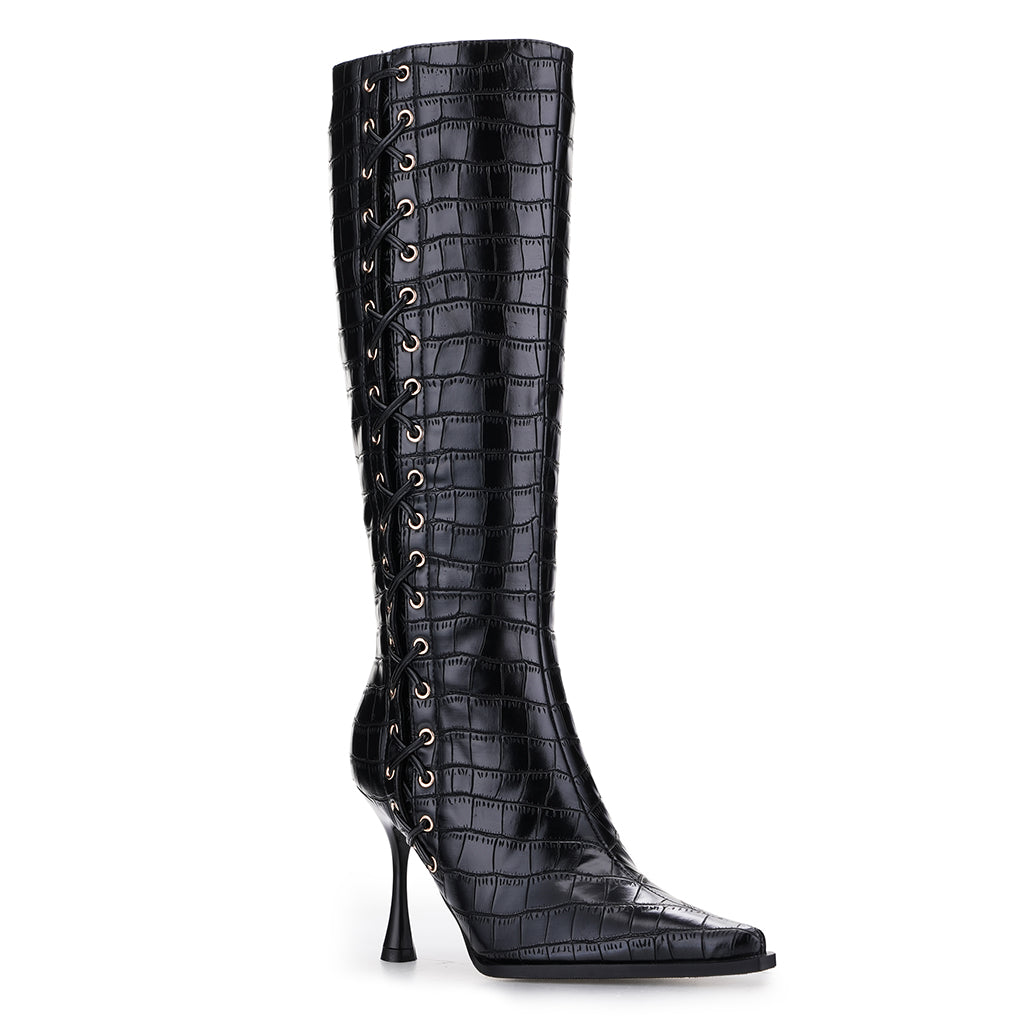 Tuhoomall Fashion Knee-High Boots for Women, Chic Style with Zipper and Stone Pattern, 9cm Stiletto Heels for Everyday and Work Use