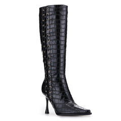 Tuhoomall Fashion Knee-High Boots for Women, Chic Style with Zipper and Stone Pattern, 9cm Stiletto Heels for Everyday and Work Use