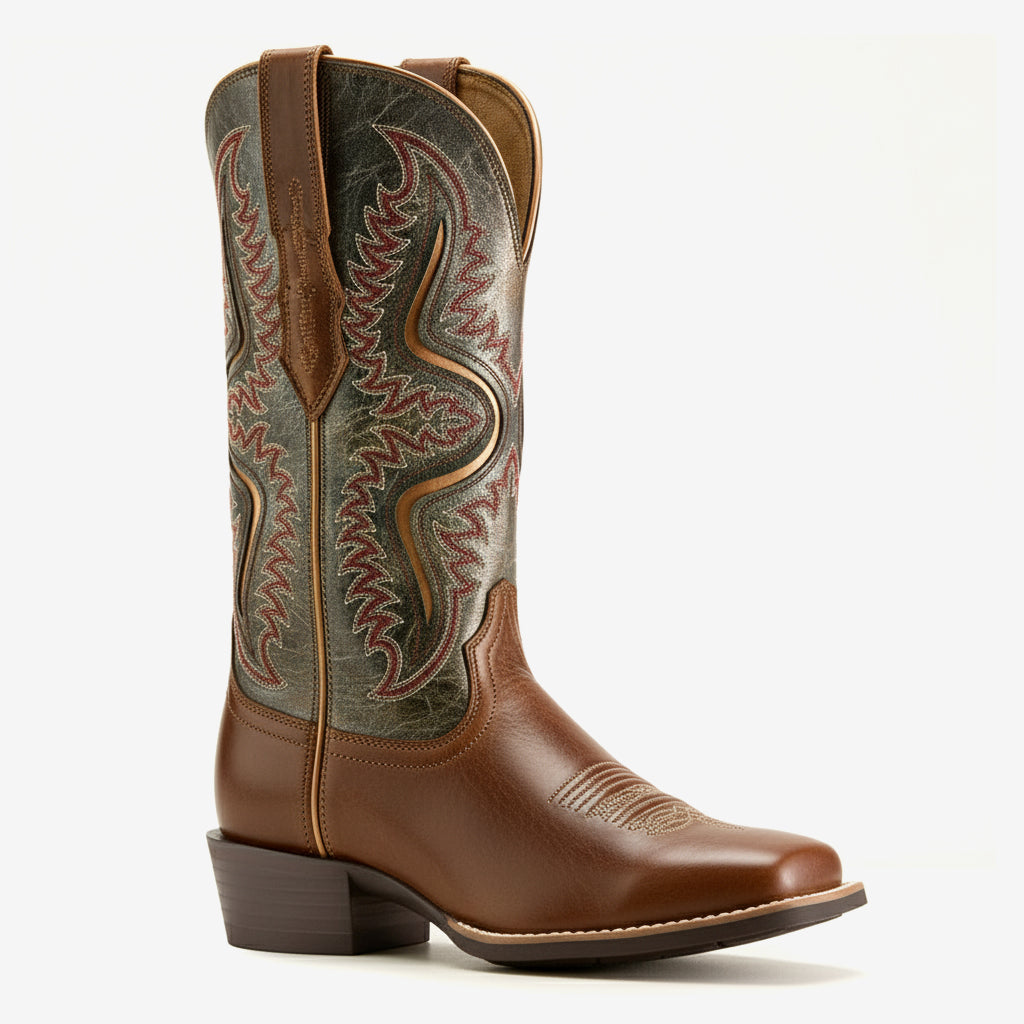 Tuhoomall Stylish Embroidered Mid-Calf Boots for Women, Low Thick Heel, Square Toe, Perfect for Parties and Casual Outings