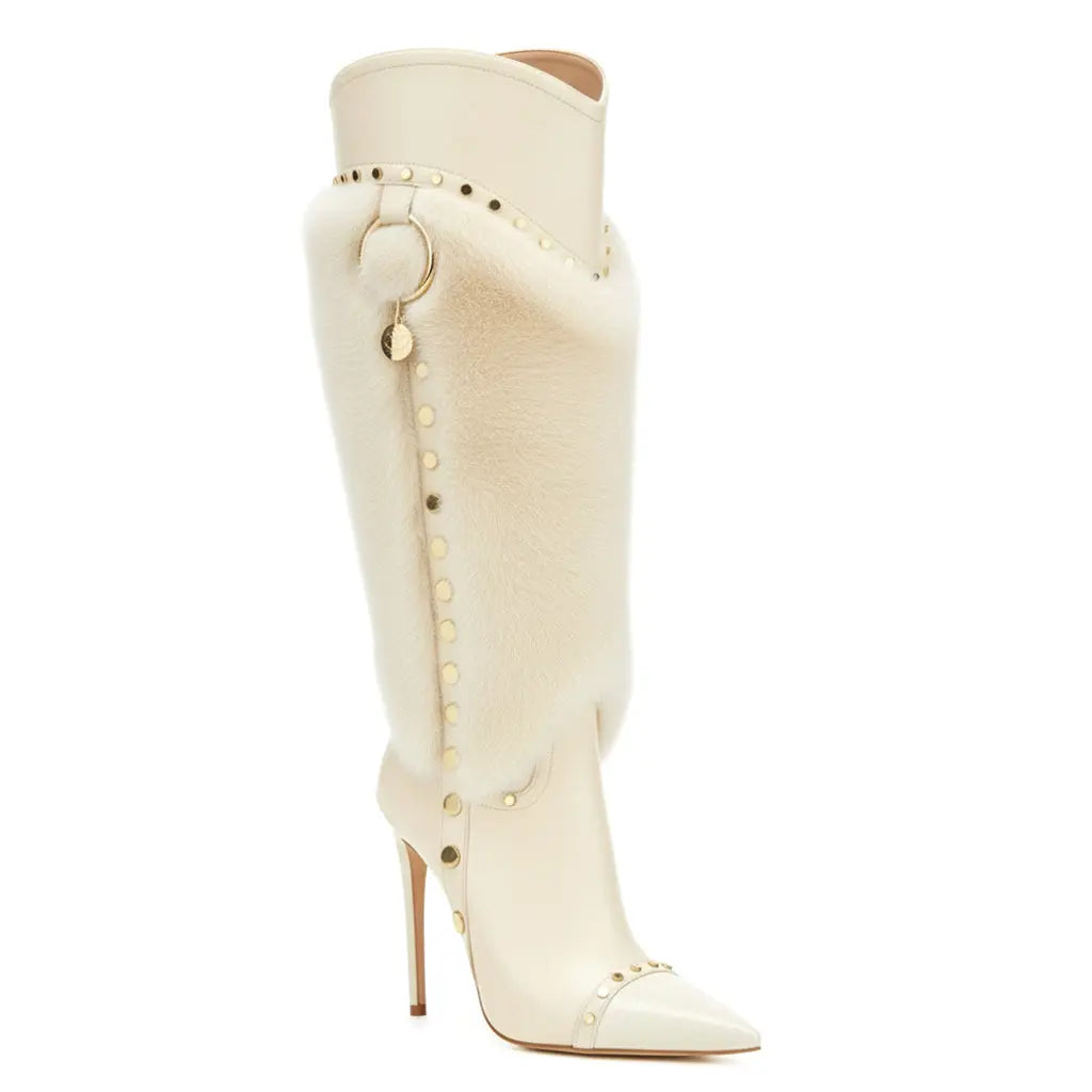 Tuhoomall Heel Fashion Boots for Women, Elegant Pointed Toe High Heels with Studs and Faux Fur, Ideal for Parties and Performances Tuhoomall