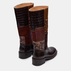 Tuhoomall Stylish Mid-Calf Boots for Parties and Evenings, Round Toe, Low Chunky Heel, Chic Patchwork Design with Snake, Crocodile, Leopard Print
