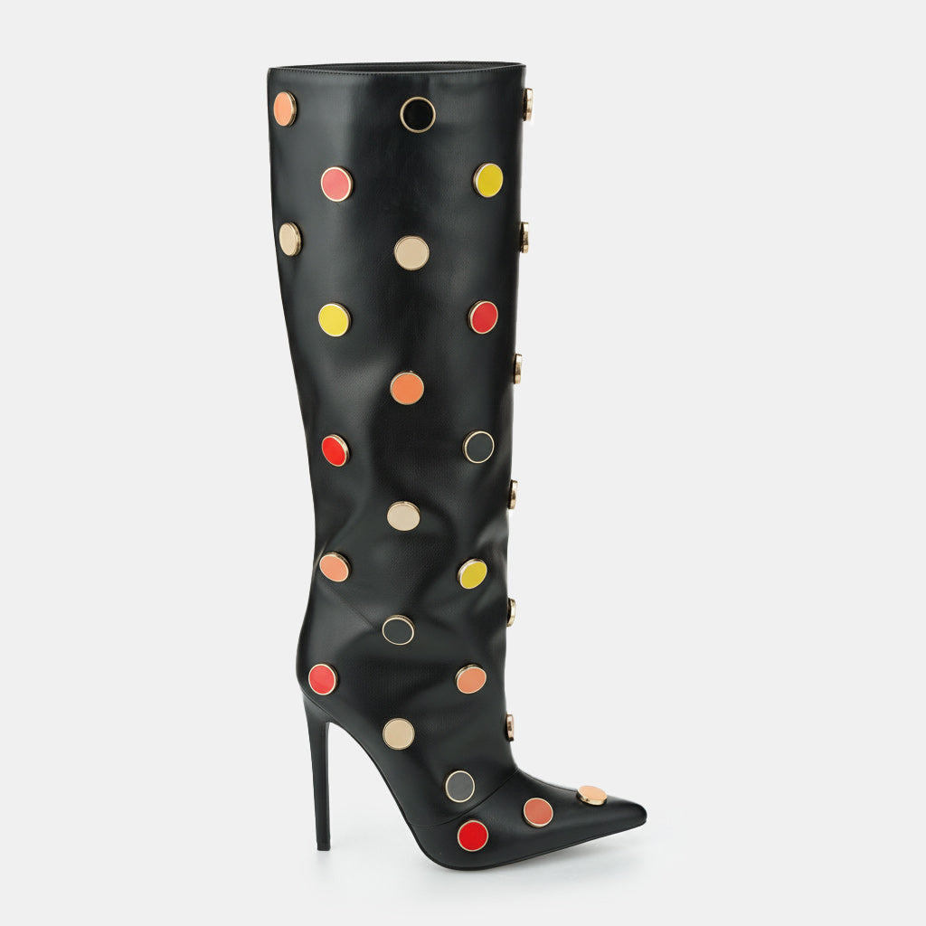 Tuhoomall Stunning over-the-knee High Heels Womens Boots with Polka Dot Pattern for Parties and Performances, Synthetic Leather, 12cm Heel