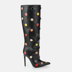 Tuhoomall Stunning over-the-knee High Heels Womens Boots with Polka Dot Pattern for Parties and Performances, Synthetic Leather, 12cm Heel