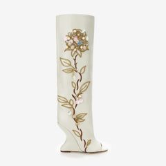 Tuhoomall Over-The-Knee Floral Embellished Heeled Boots for Party and Dance - Stylish Slip-On Design with Rhinestone and Sequin Detail