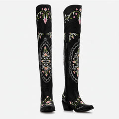 Tuhoomall Western Cowgirl Over-the-Knee Boots With Chunky Heel, Embroidered Floral Design, Comfortable Slip-On Style For Fashionable Outdoor Adventures