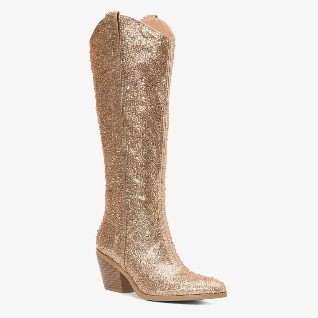 Tuhoomall Rhinestone Western Mid Calf Boots For Women - Chunky Heel & Easy Zip Closure, Stylish For Travel And Weddings Tuhoomall