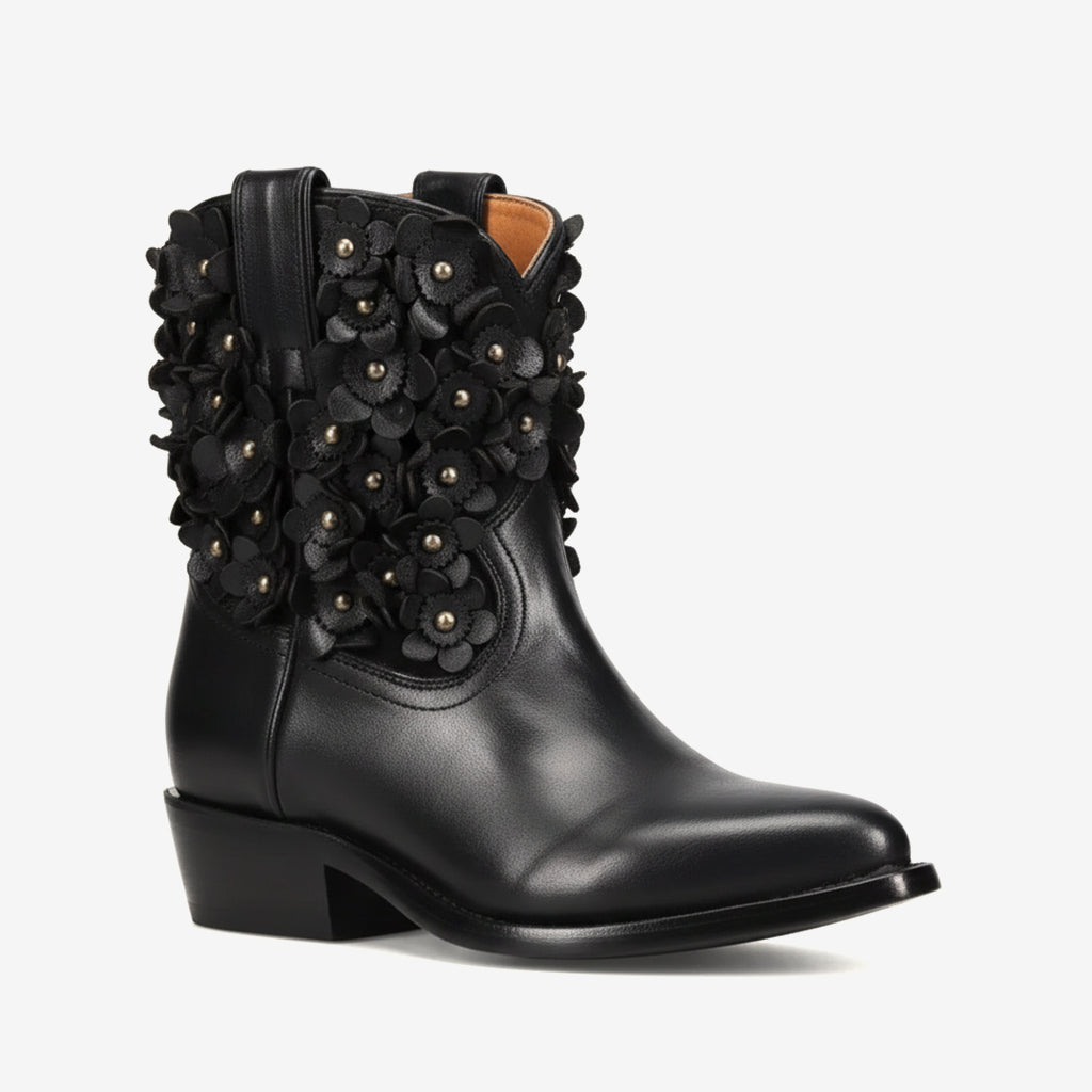 Tuhoomall Fashionable Ankle Boots for Women with Floral Stud Detail, Comfortable Chunky Heel, Perfect for Casual and Work Wear All Year Round