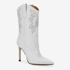 Tuhoomall Embroidered Mid Calf Heeled Boots for Women, Stylish Short Booties with 10cm Stiletto Heel, Perfect for Casual and Formal Wear