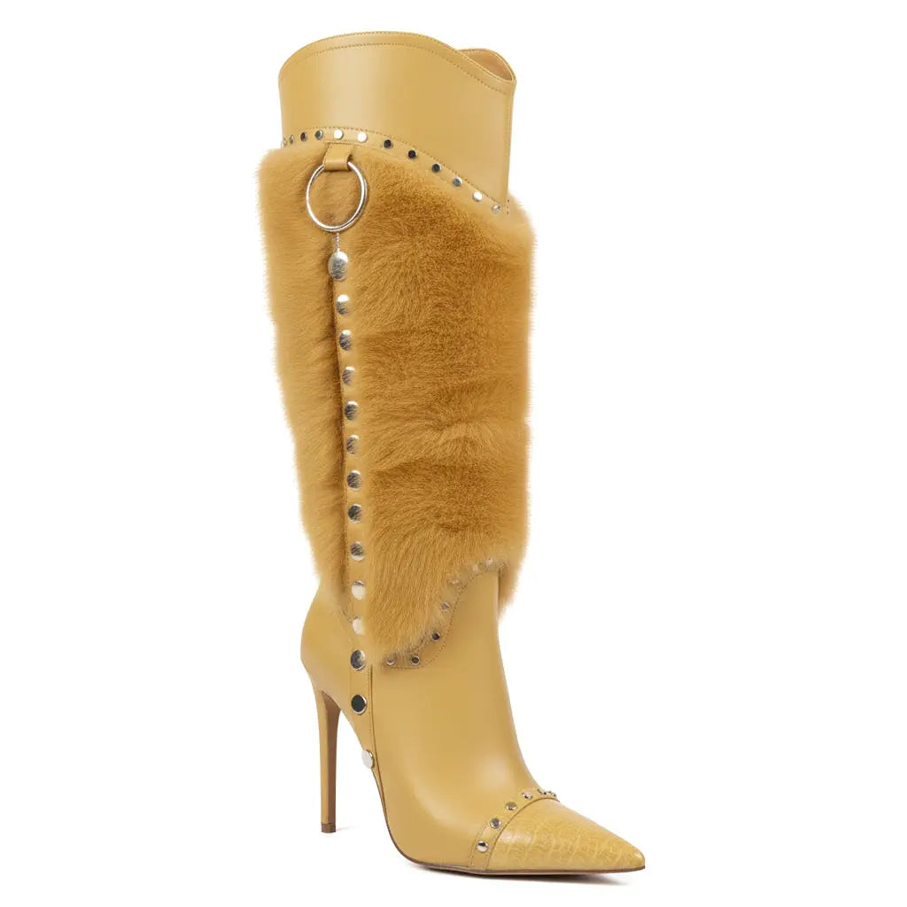 Tuhoomall Heel Fashion Boots for Women, Elegant Pointed Toe High Heels with Studs and Faux Fur, Ideal for Parties and Performances Tuhoomall