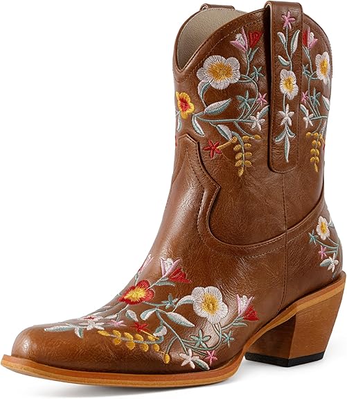 Tuhoomall Stylish Western Ankle Boots with Floral Embroidery, Rubber Sole, Chunky 5cm Heel for Classic and Casual Looks