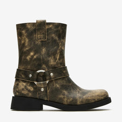 Tuhoomall Western Cowboy Ankle Boots for Women, Vintage Chunky Heel Booties, Easy Slip-On Design, All-Weather Comfort with Metal Buckle Detail