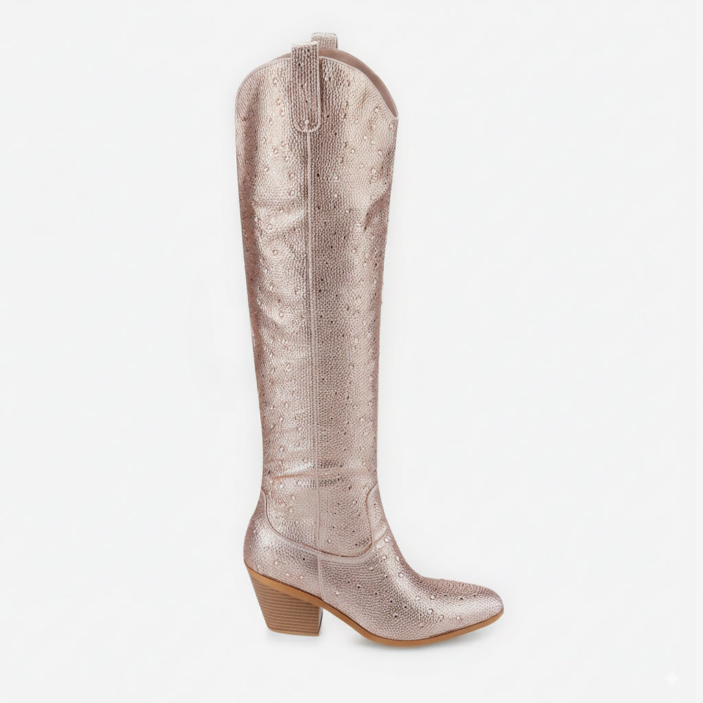 Tuhoomall Western Over-Knee Cowboy Boots With Chunky Heel, Rhinestone-Studded Vegan Leather, Casual All-Season Style, Round Toe, Zipper Closure