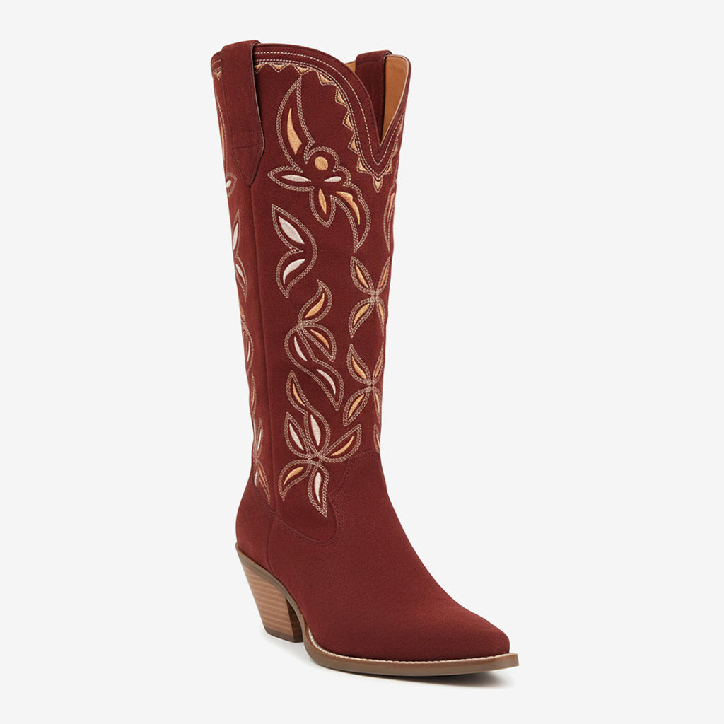 Tuhoomall Western Style Floral Embroidered Mid Calf Boots for Women, Chic Casual Look with Sturdy Chunky Heel and Slip-On Design