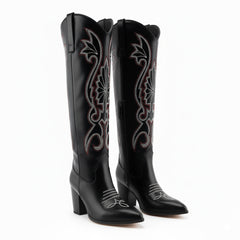 Tuhoomall Western Floral Embroidered Knee-High Boots for Women - Comfortable Slip-On Design with Chunky Heel for Parties and Daily Wear