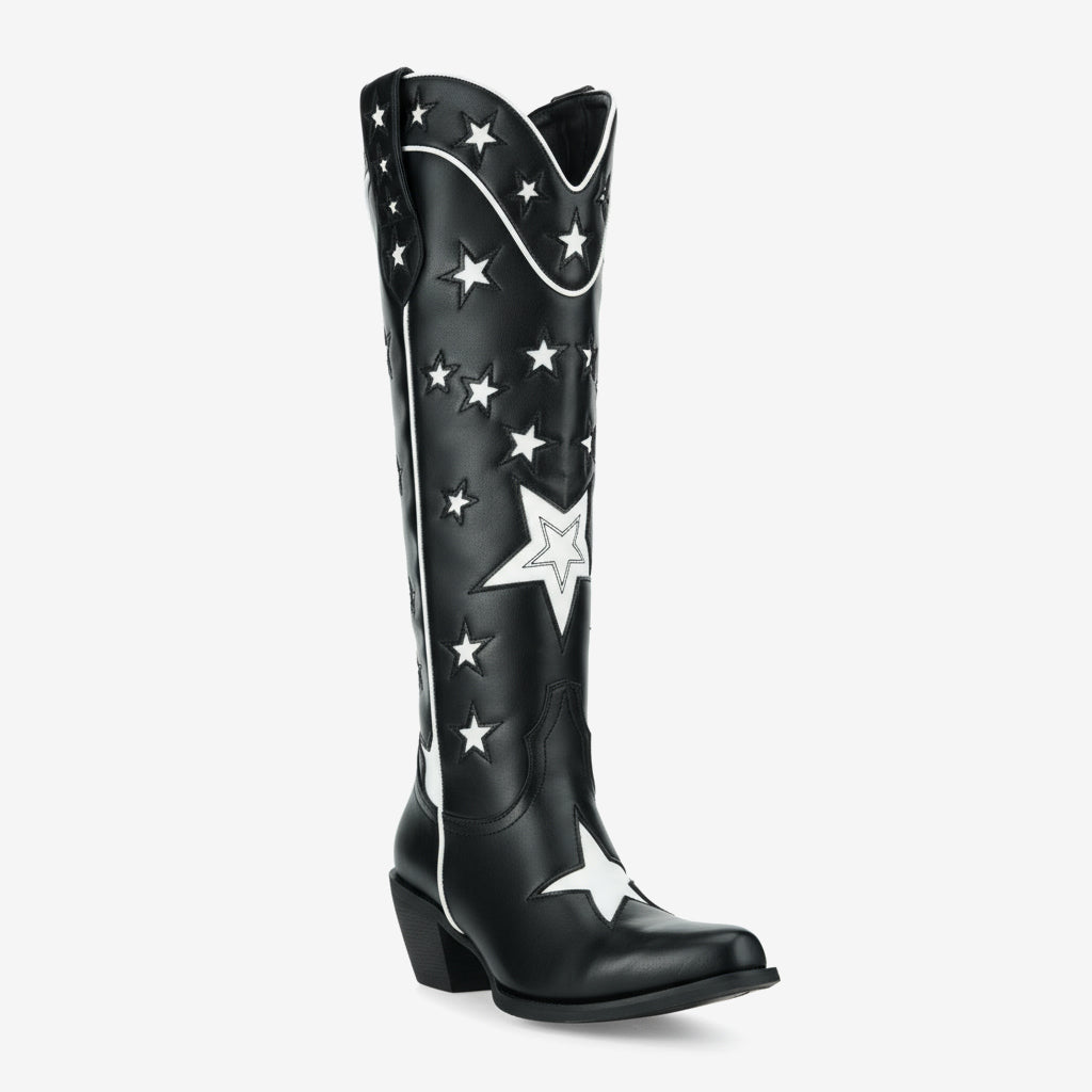 Tuhoomall Black Western Cowgirl Boots With Star Inlay, Chunky Heeled Mid Calf Design, Versatile Style For Weddings And Outdoor Events