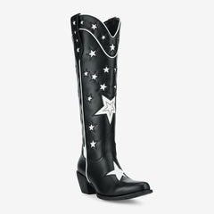 Tuhoomall Black Western Cowgirl Boots With Star Inlay, Chunky Heeled Mid Calf Design, Versatile Style For Weddings And Outdoor Events