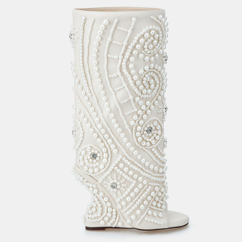Tuhoomall Wedge Heel Floral Peep-Toe Ankle Boots with Rhinestone Accents for Parties and Performances
