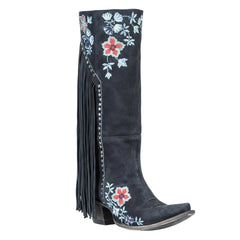 Tuhoomall Western Cowboy Boots for Women, Floral Embroidered Mid-Calf Chunky Heel, Trendy Fringe Detail, Perfect for Casual Outings and Performances