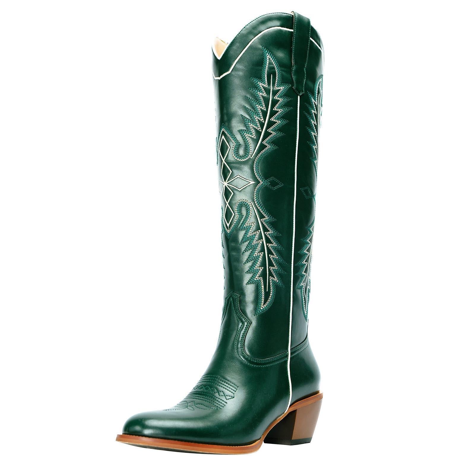 Tuhoomall Dark Green Embroidered Western Knee High Boots for Wide Calf with Chunky Heel