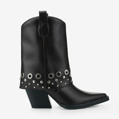 Tuhoomall Chic Ankle Boots With Geometric Pattern, Foldable Shaft, Metal Buckle, Chunky Heel For Casual And Outdoor Use