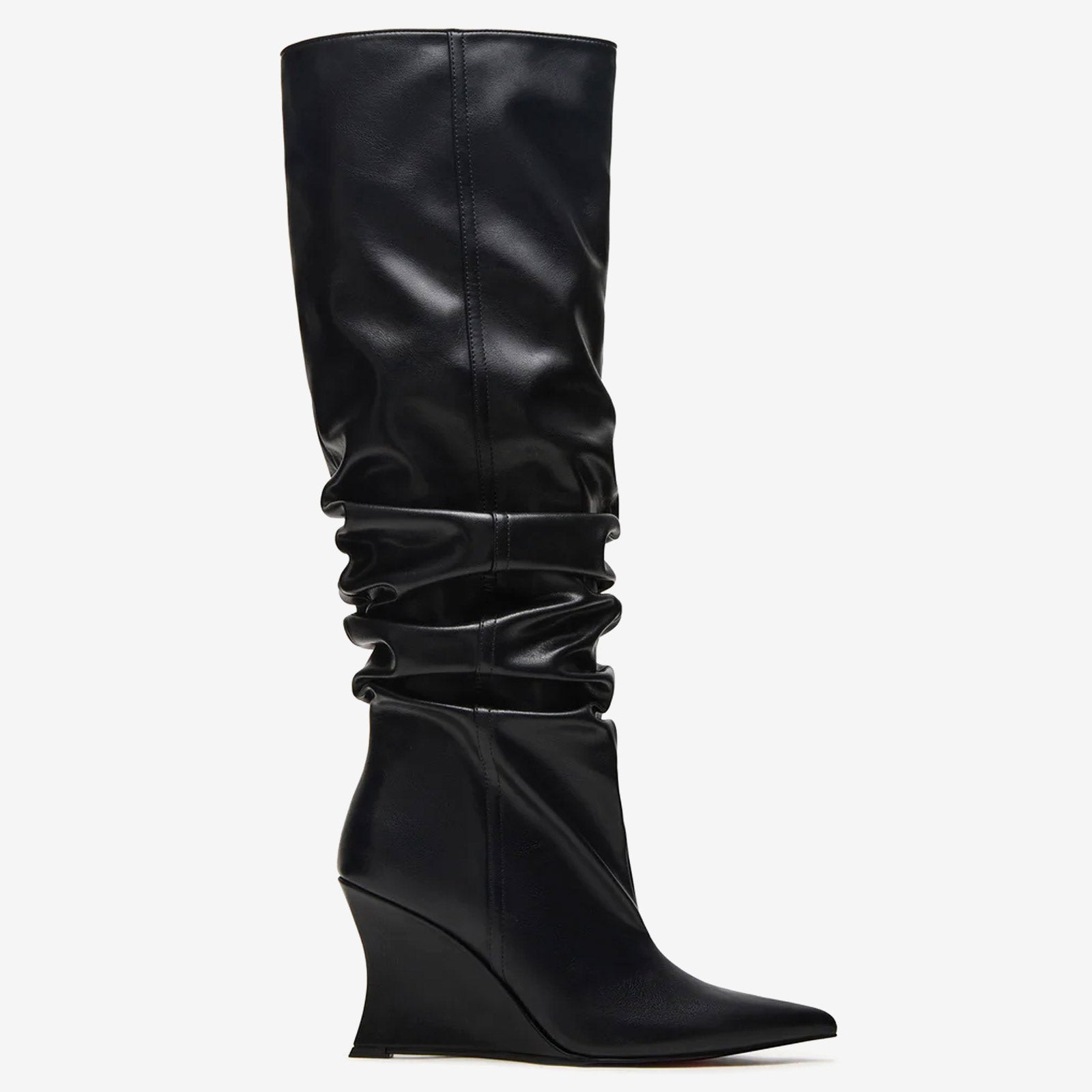 Tuhoomall Knee High Comfortable Wedge Booties With Pointed Toe For Parties, Performances, Fashion Events, Featuring Ruffled Design And Rubber Sole