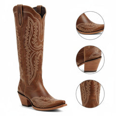 Tuhoomall Western Knee-High Cowgirl Boots with Chunky Heel and Floral Embroidery for Outdoor Fashion and Casual Wear