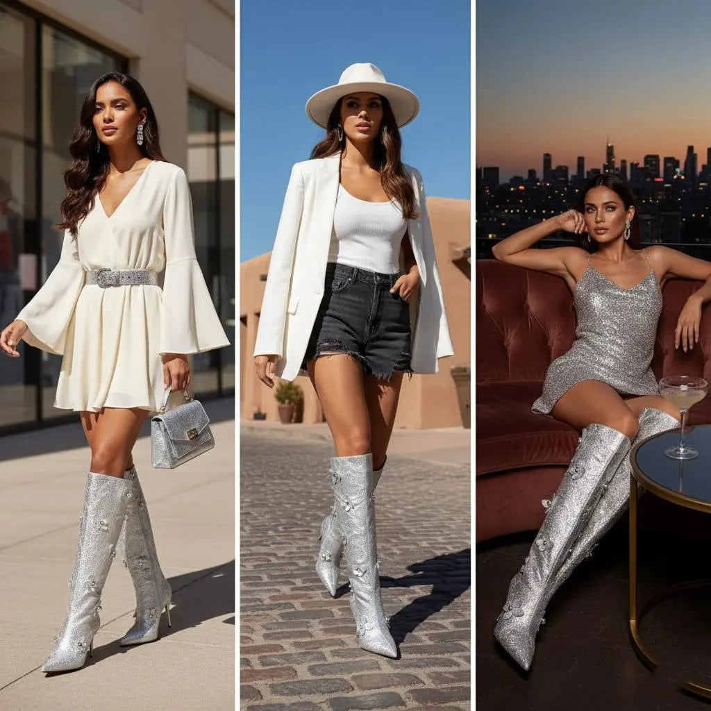 Tuhoomall Comfortable Rhinestone Embellished Knee High Boots for Parties, Performances, and Special Occasions with 9.5cm Stiletto Heel Tuhoomall