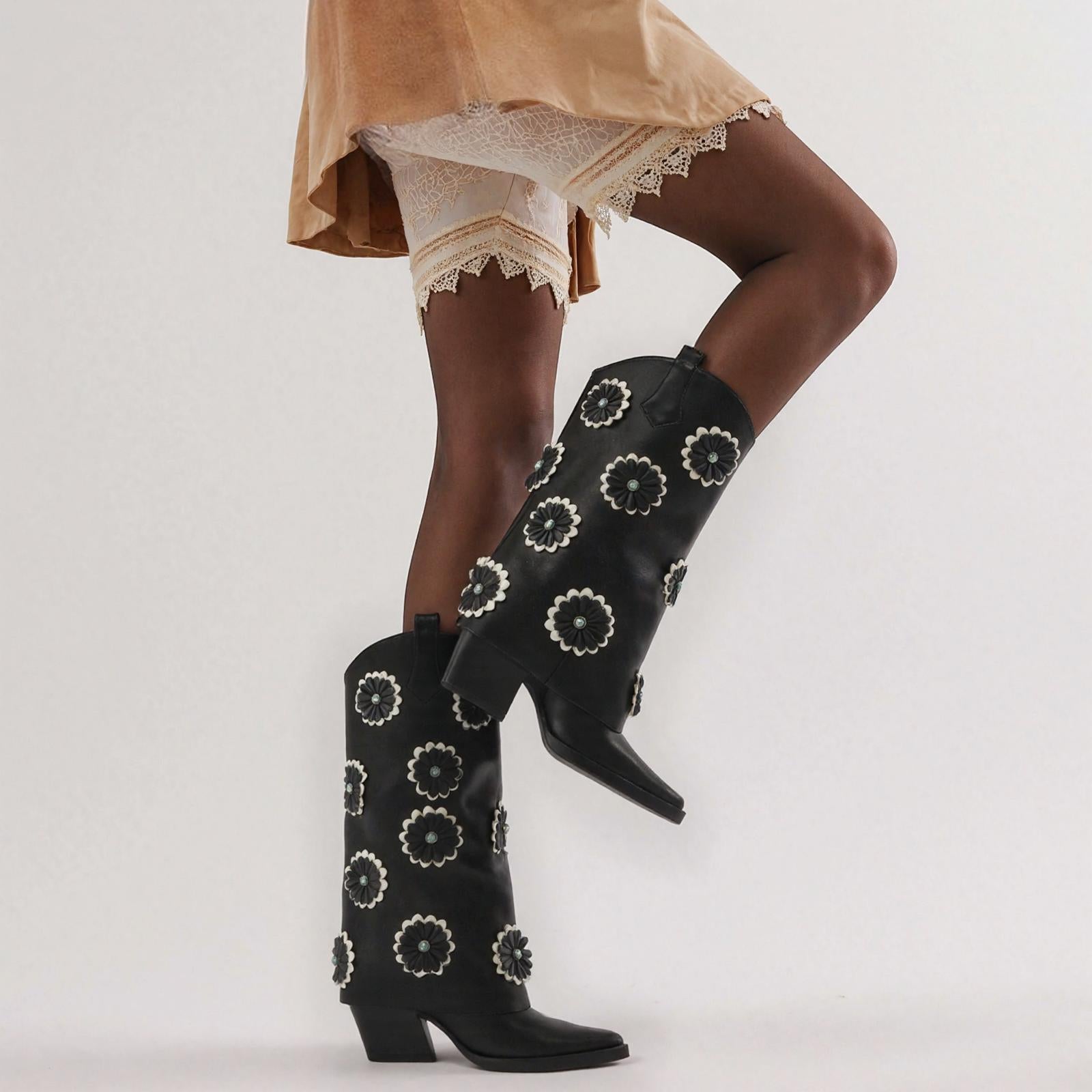 Tuhoomall Western Cowboy Knee High Boots for Women - Floral Pattern, Foldable Design, Chunky Heel, Perfect for Fashion, Outdoor and Casual Wear