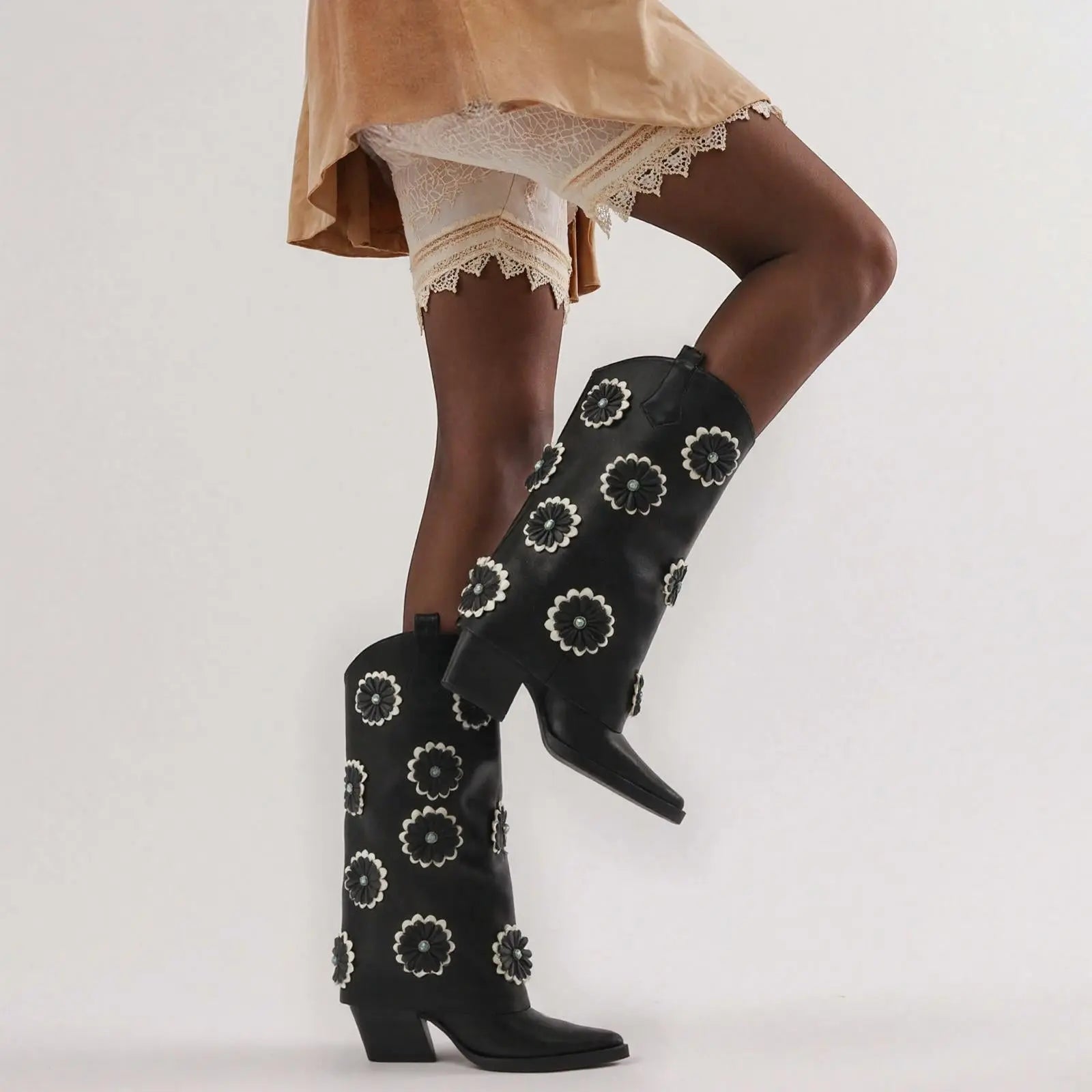 Tuhoomall Western Cowboy Knee High Boots for Women - Floral Pattern, Foldable Design, Chunky Heel, Perfect for Fashion, Outdoor and Casual Wear Tuhoomall