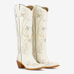 Tuhoomall Tuhoomall Western Knee-High Boots for Women, Floral Embroidered Design, Perfect for Parties, Office, and Casual Wear, 7.5 cm Classic Mid Chunky Heel