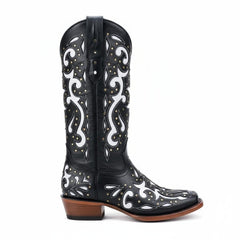 Tuhoomall Mid-Calf Western Boots with Glitter Inlays and Rivets for Casual Parties and Performances