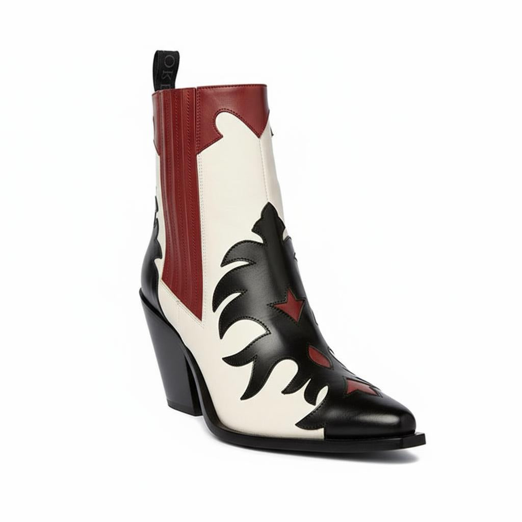 Tuhoomall Western Ankle Boots for Women, Pointed Toe Chunky Heel Booties, Fashion Slip-On with Applique and Elastic Side Panels, Casual Evening Wear