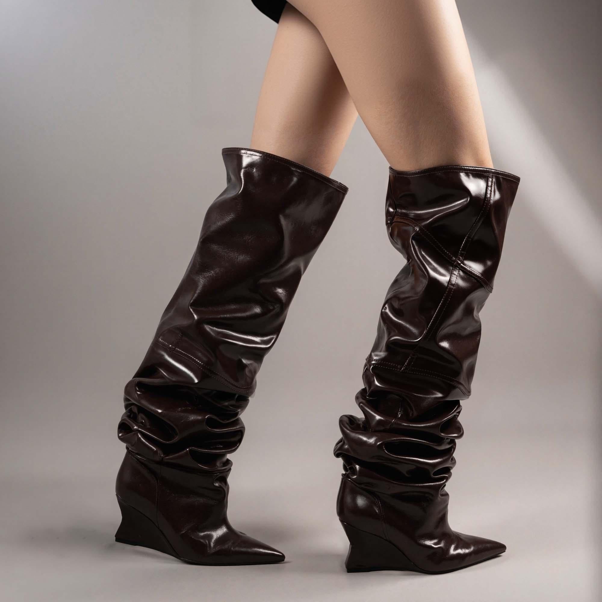 Tuhoomall Stylish Over-the-Knee Boots for Parties with Waterproof Ruffle Design and High Heel Comfort