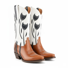 Tuhoomall Western Cowboy Boots for Women, Comfortable Floral Embroidered Mid-Calf Booties for Parties, Casual Wear and Events