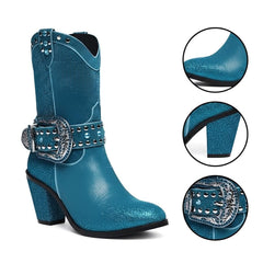 Tuhoomall Chunky Heel Pointed Toe Ankle Booties with Studs and Rhinestones for Fashion, Parties, and Casual Outings
