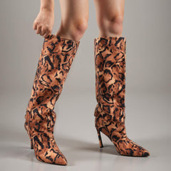Tuhoomall High Boots with Rhinestone Animal Print, Sparkling High Heel Stiletto, Comfortable Slip-On for Parties and Casual Events